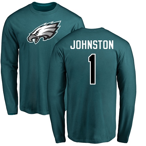 Men Philadelphia Eagles #1 Cameron Johnston Green Name and Number Logo Long Sleeve NFL T Shirt->nfl t-shirts->Sports Accessory